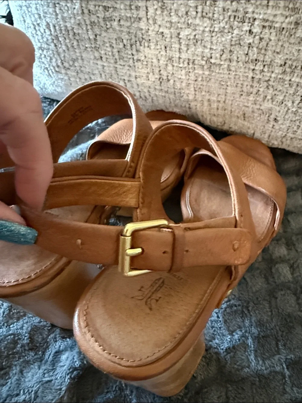 Frye Tan Leather Platform Wedge Sandals